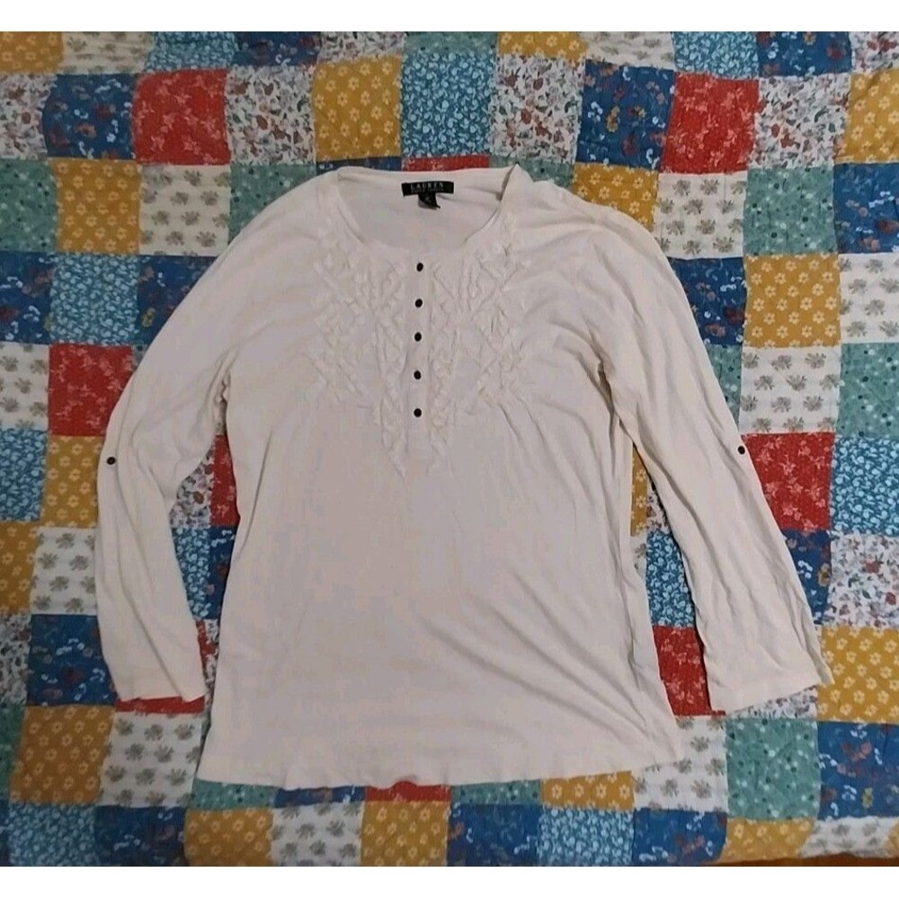 RALPH LAUREN Women's Medium Ivory 5 Button Pullover Top Dressy Rolled Sleeves